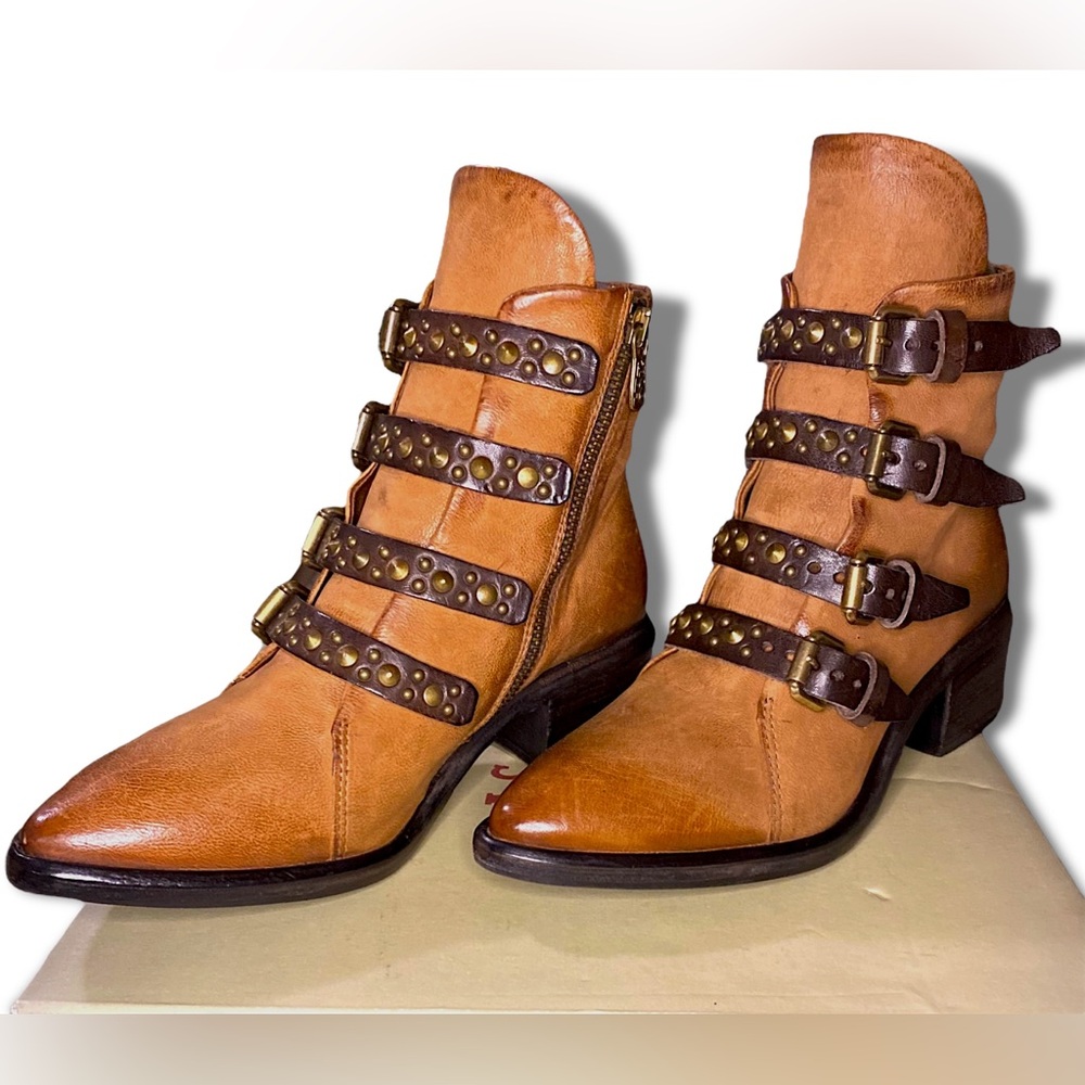 A.S.98 Frankie Studded Tan Leather Buckled Booties - Size 37 / New in Box